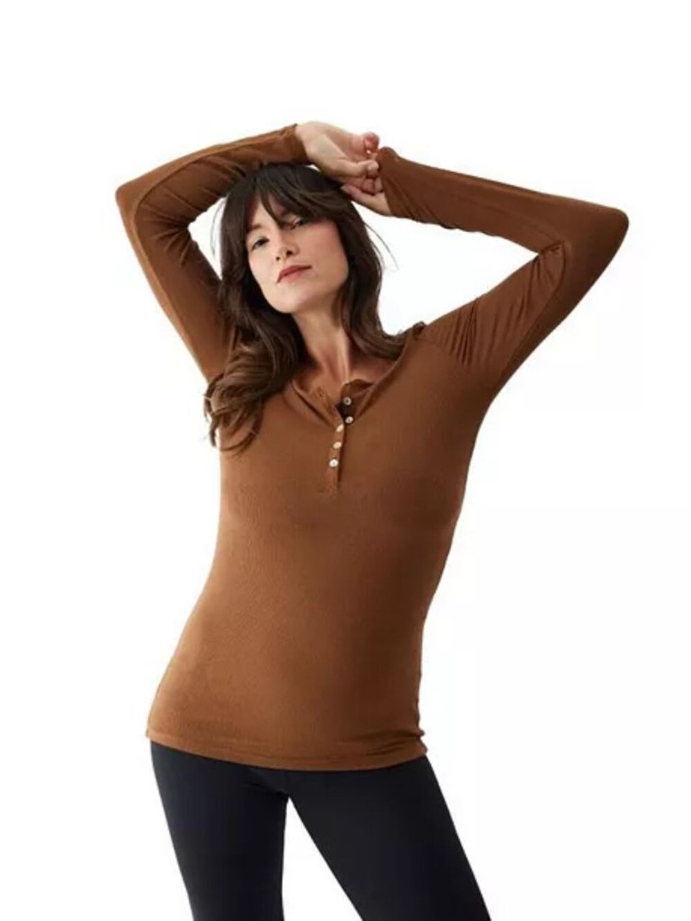 Ingrid&Isabel | Ribbed Long Sleeve Maternity Henley Top, Chestnut Brown, Size XS